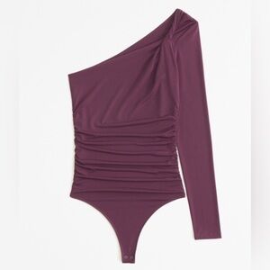 Abercrombie Long Sleeve One Shoulder Twist Ruched Thong Bodysuit Purple